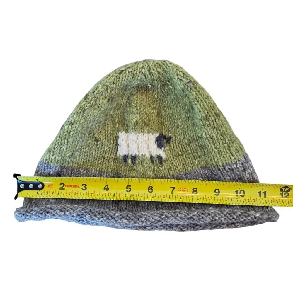 Hand-Knit Wool Beanie Ireland Artisan Sheep Motif Winter Hat NWOT Green Gray